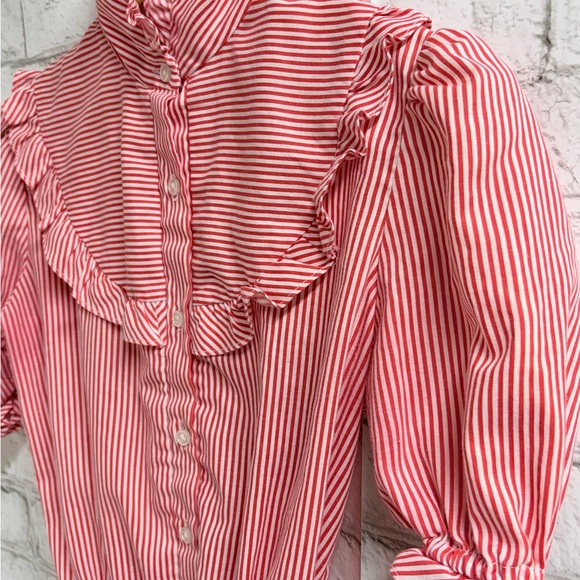 Vintage RARE Candy Striped Red Ruffle-Trim Button-Front Blouse 70’s-80’s - Picture 3 of 7
